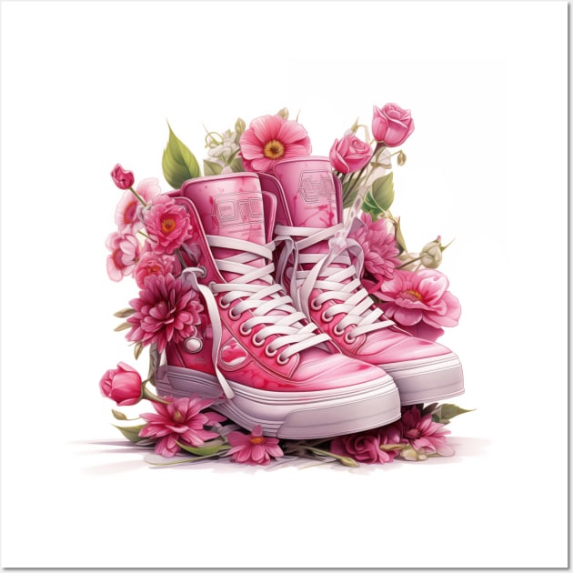 Sneakers With Pink Flowers Watercolour Painting Wall Art by Vibrant Vista